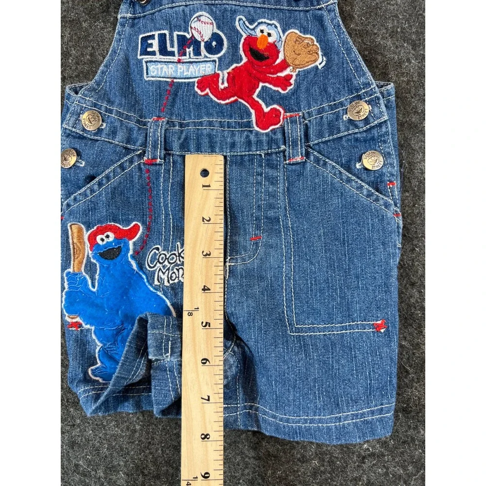 Sesame Street Elmo Cookie Monster Denim Shortalls Baby 3/6M Blue Baseball Retro